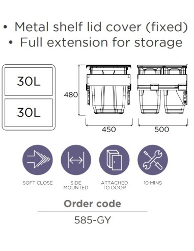 500mm Gollinucci Waste Bin Kitchen Pull Out 60L Softclose Double