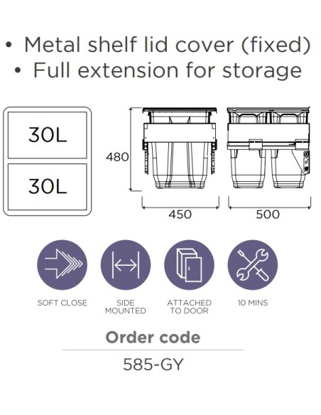500mm Gollinucci Waste Bin Kitchen Pull Out 60L Softclose Double