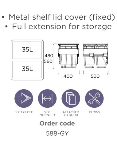 450mm Gollinucci Waste Bin 70L Pull Out Kitchen...