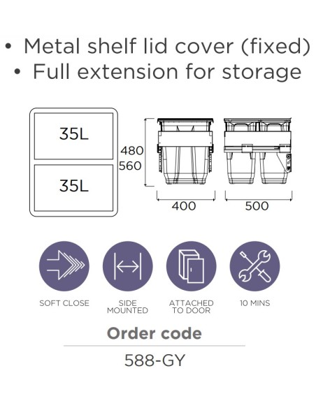 450mm Gollinucci Waste Bin 70L Pull Out Kitchen Double Containers