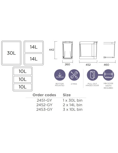 400mm Auto Opening Waste Kitchen Bin Gollinucci 30L Single Container