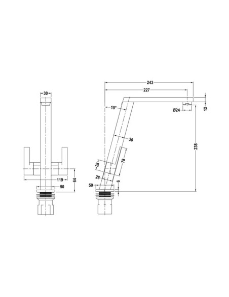 1810 Pendenza Kitchen Tap Brushed Steel Modern Twin Levers PEN/02/BS