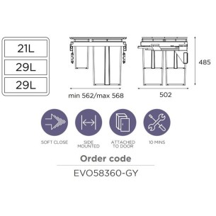 600mm Kitchen Waste Bin 80L Gollinucci Pull-Out Triple Rubbish Tubs EVO58360-GY 2