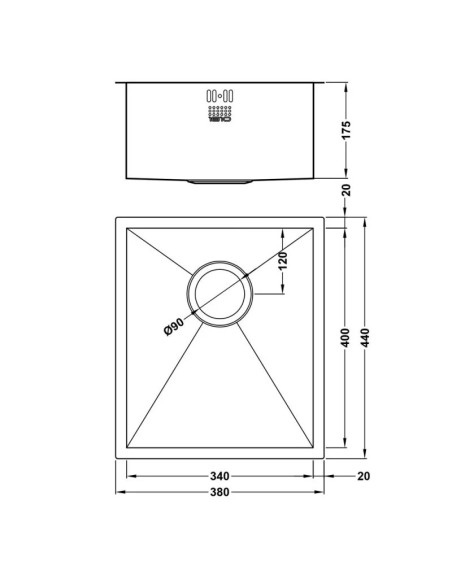 Zenuno 340U Kitchen Sink 1810 Modern Square 1.0 Bowl & Plumbing
