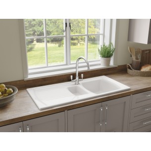Rangemaster Tenby Kitchen Sink 1.5 Bowl Inset Ceramic White FREE Waste CTE10102WH