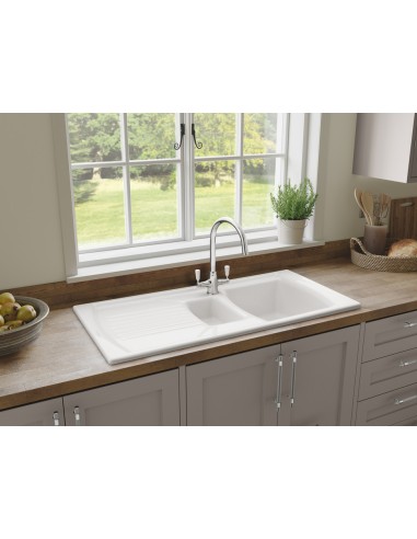 Rangemaster Tenby Kitchen Sink 1.5 Bowl Inset Ceramic White FREE Waste CTE10102WH