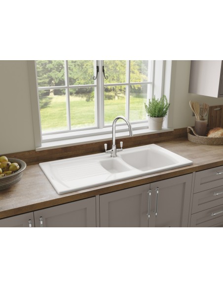 Rangemaster Tenby Kitchen Sink 1.5 Bowl Inset Ceramic White FREE Waste CTE10102WH
