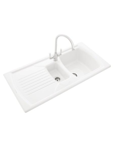 Rangemaster Tenby Kitchen Sink 1.5 Bowl Inset Ceramic White FREE Waste CTE10102WH