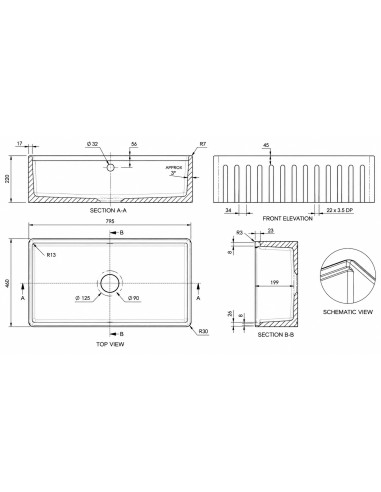 800mm Argilla Butler Fluted Kitchen Sink Fireclay Apron Front White FCU/N/795/BUT/FLU/WH/844
