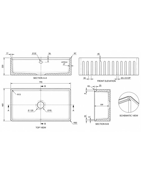 800mm Argilla Butler Fluted Kitchen Sink Fireclay Apron Front White FCU/N/795/BUT/FLU/WH/844