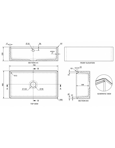 800mm Argilla Butler Kitchen Sink Apron Front Fireclay White 1.0 Bowl FCU/N/795/BUT/WH/843